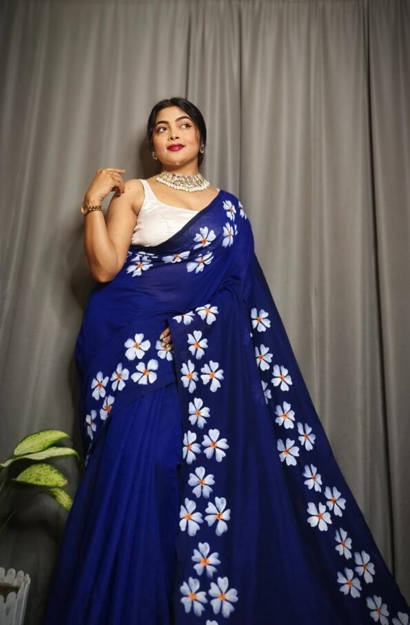 Sheuli Hand Print CK Khadi Saree for Women - Blue Sheuli Hand Print CK Khadi Saree for Women - Blue for women