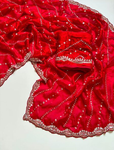 Designer Soft Fandy Satin Saree with Heavy Beads Embroidery Blouse - Red Designer Soft Fandy Satin Saree with Heavy Beads Embroidery Blouse - Red for women