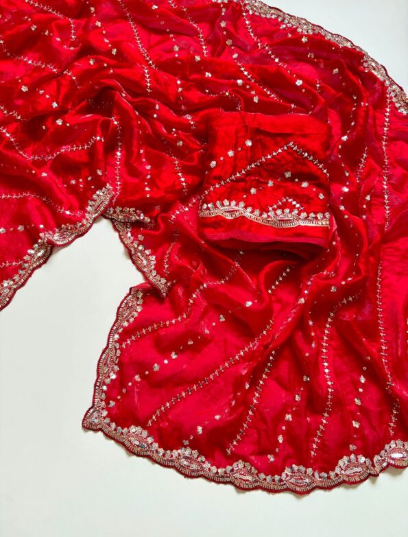 Designer Soft Fandy Satin Saree with Heavy Beads Embroidery Blouse - Red Designer Soft Fandy Satin Saree with Heavy Beads Embroidery Blouse - Red for women