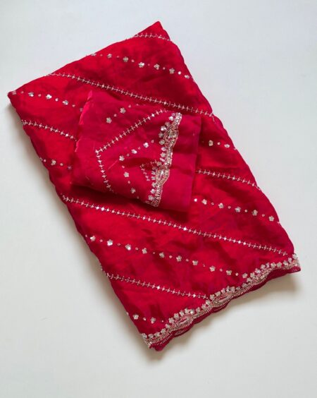 Designer Soft Fandy Satin Saree with Heavy Beads Embroidery Blouse - Red for women