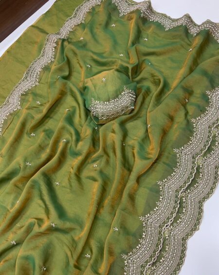 Party Wear NC Moss Satin Saree with Embroidery Work - Lavendar for women