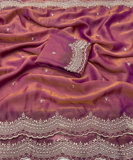 Party Wear NC Moss Satin Saree with Embroidery Work - Lavendar for women