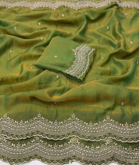 Party Wear NC Moss Satin Saree with Embroidery Work - Lavendar for women