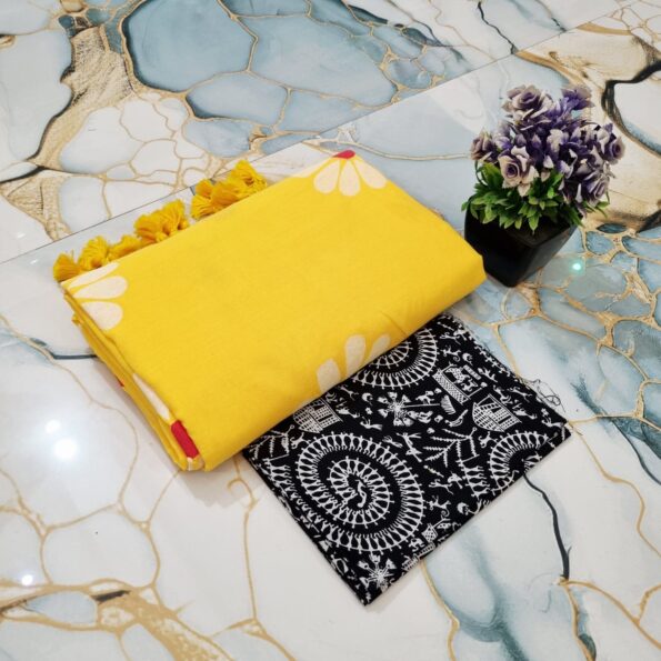 Sunflower Hand Print CK Khadi Saree with Kalamkari Blouse Piece | Premium Cotton Saree Sunflower Hand Print CK Khadi Saree with Kalamkari Blouse Piece | Premium Cotton Saree for women