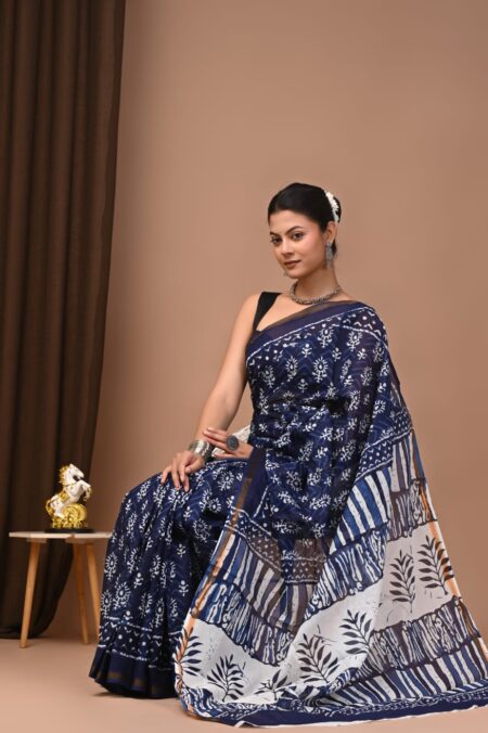 Trending Chanderi Cotton Zari Border Saree - Blue for women