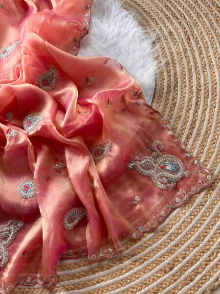 Super Soft Simmer Tissue Saree with Embroidery & Sequins Work - Peach for women