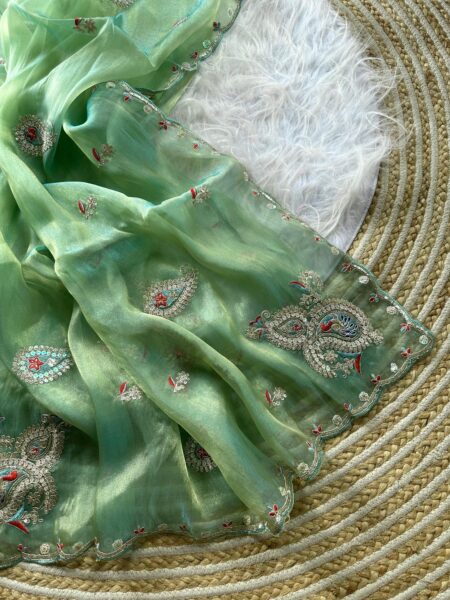 Super Soft Simmer Tissue Saree with Embroidery & Sequins Work - Peach for women
