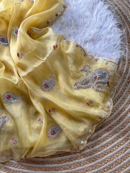 Super Soft Simmer Tissue Saree with Embroidery & Sequins Work - Peach for women