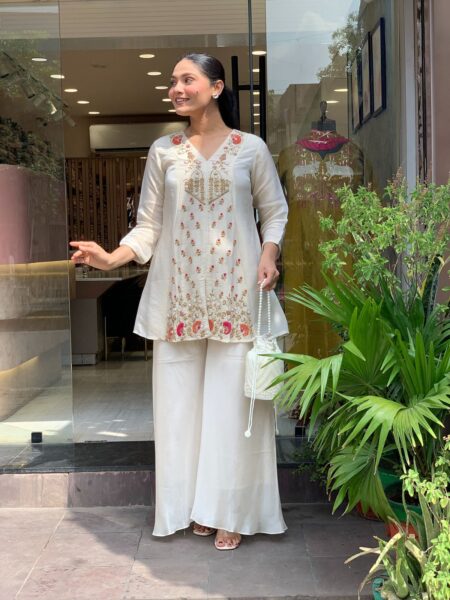 Embroidered Silk Cord Set with Full Inner Palazzo for women