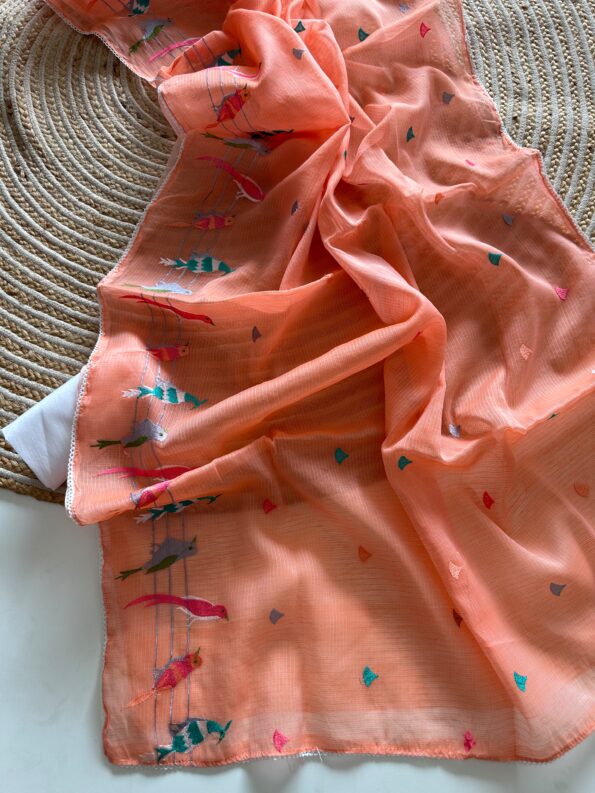 Orange Doriya Saree with Paisley Embroidered Border | Izzara for women