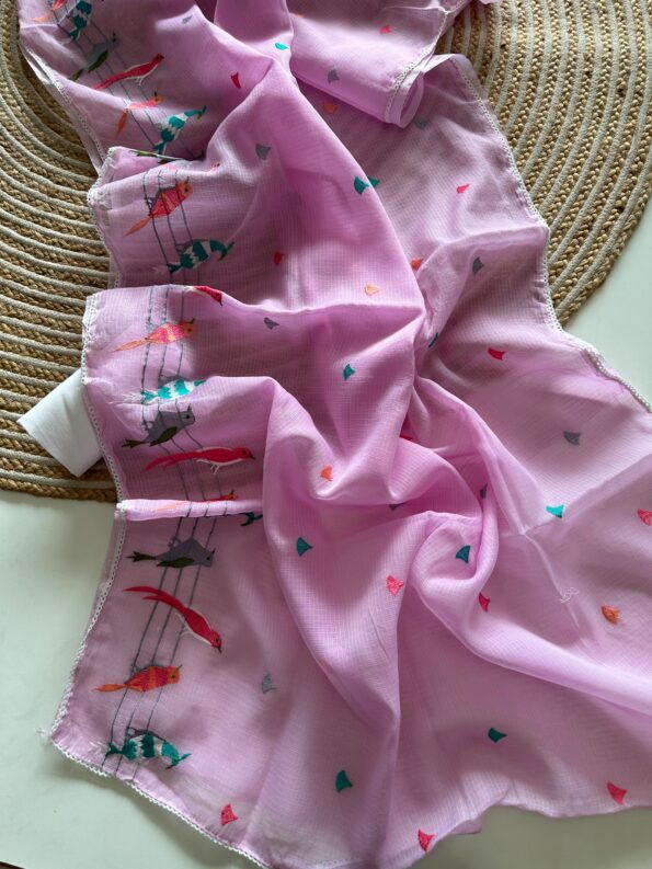 Pink Doriya Saree with Paisley Embroidered Border | Izzara Pink Doriya Saree with Paisley Embroidered Border | Izzara for women