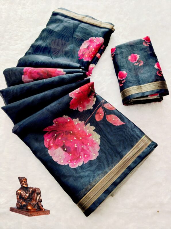 Black Manipuri Floral Digital Print Saree Black Manipuri Floral Digital Print Saree for women