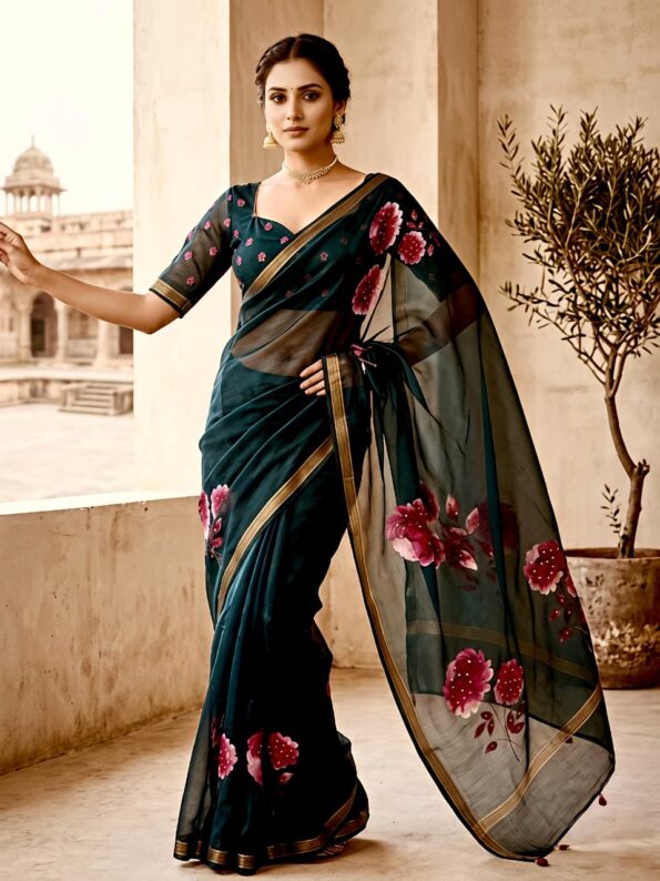 Black Manipuri Floral Digital Print Saree Black Manipuri Floral Digital Print Saree for women