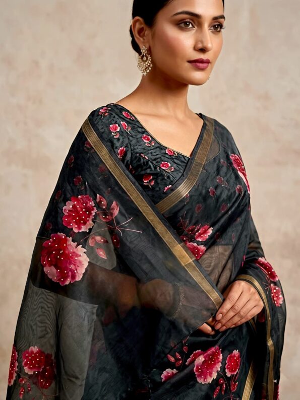 Black Manipuri Floral Digital Print Saree Black Manipuri Floral Digital Print Saree for women