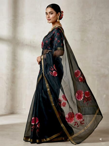 Black Manipuri Floral Digital Print Saree for women