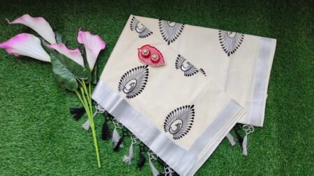 Kerala Set Saree - Traditional Kerala Kasavu Cotton Saree - Silver-Black Design for women