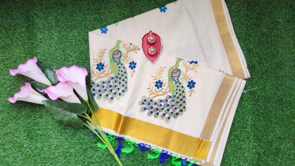 Kerala Set Saree - Traditional Kerala Kasavu Cotton Saree - Peacock - Green, Blue for women