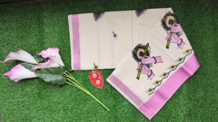 Kerala Set Saree - Traditional Kerala Kasavu Cotton Saree - Sree Krishna - Pink for women