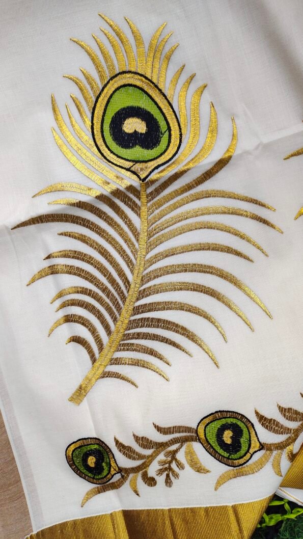 Kerala Set Saree - Traditional Kerala Kasavu Cotton Saree - Peacock Feather Design for women