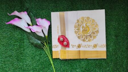 Kerala Set Saree - Traditional Kerala Kasavu Cotton Saree - Golden Peacock for women