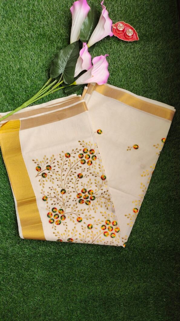 Kerala Set Saree - Traditional Kerala Kasavu Cotton Saree - Flowers for women