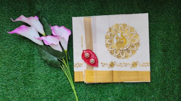 Kerala Set Saree - Traditional Kerala Kasavu Cotton Saree - Golden Peacock for women