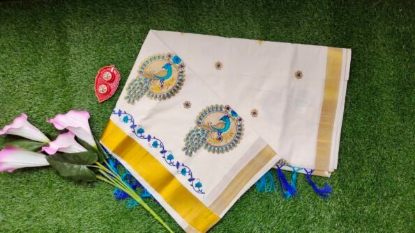 Kerala Set Saree - Traditional Kerala Kasavu Cotton Saree - Blue Peacock Kerala Set Saree - Traditional Kerala Kasavu Cotton Saree - Blue Peacock for women