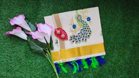 Kerala Set Saree - Traditional Kerala Kasavu Cotton Saree - Peacock - Green, Blue for women