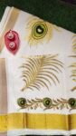 Kerala Set Saree - Traditional Kerala Kasavu Cotton Saree - Peacock Feather Design for women