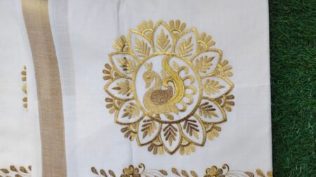 Kerala Set Saree - Traditional Kerala Kasavu Cotton Saree - Golden Peacock Kerala Set Saree - Traditional Kerala Kasavu Cotton Saree - Golden Peacock for women