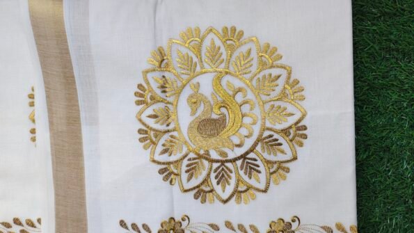 Kerala Set Saree - Traditional Kerala Kasavu Cotton Saree - Golden Peacock for women