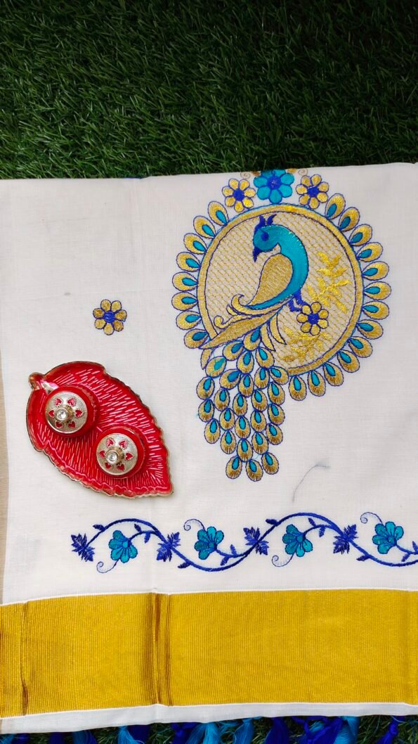 Kerala Set Saree - Traditional Kerala Kasavu Cotton Saree - Blue Peacock Kerala Set Saree - Traditional Kerala Kasavu Cotton Saree - Blue Peacock for women
