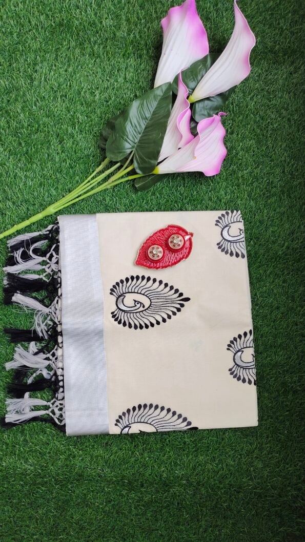 Kerala Set Saree - Traditional Kerala Kasavu Cotton Saree - Silver-Black Design Kerala Set Saree - Traditional Kerala Kasavu Cotton Saree - Silver-Black Design for women