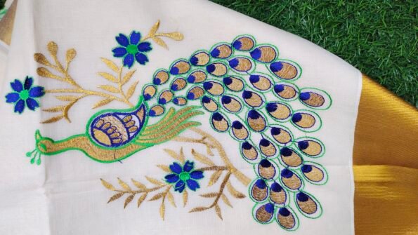 Kerala Set Saree - Traditional Kerala Kasavu Cotton Saree - Peacock - Green, Blue for women