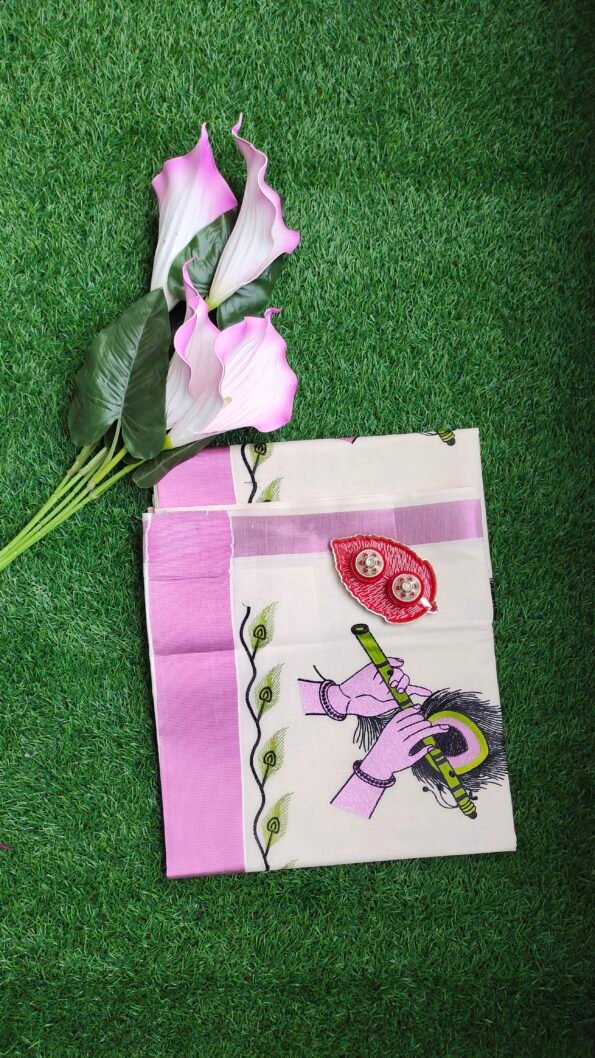 Kerala Set Saree - Traditional Kerala Kasavu Cotton Saree - Sree Krishna - Pink for women
