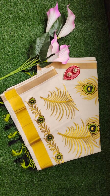 Kerala Set Saree - Traditional Kerala Kasavu Cotton Saree - Peacock Feather Design Kerala Set Saree - Traditional Kerala Kasavu Cotton Saree - Peacock Feather Design for women