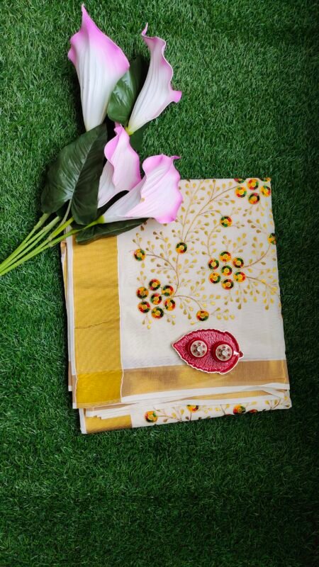 Kerala Set Saree - Traditional Kerala Kasavu Cotton Saree - Flowers for women