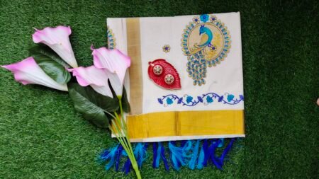 Kerala Set Saree - Traditional Kerala Kasavu Cotton Saree - Blue Peacock for women