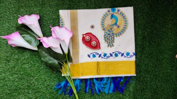 Kerala Set Saree - Traditional Kerala Kasavu Cotton Saree - Blue Peacock Kerala Set Saree - Traditional Kerala Kasavu Cotton Saree - Blue Peacock for women