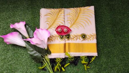 Kerala Set Saree - Traditional Kerala Kasavu Cotton Saree - Peacock Feather Design for women