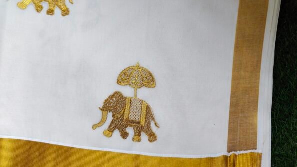 Kerala Set Saree - Traditional Kerala Kasavu Cotton Saree - Golden - Elephant for women