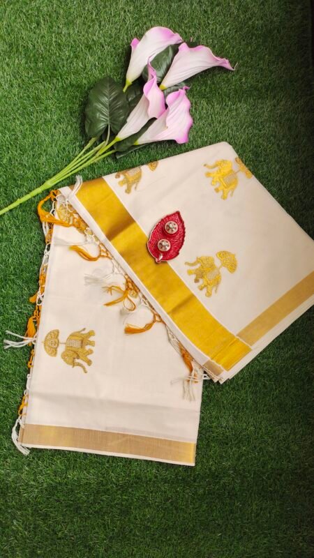 Kerala Set Saree - Traditional Kerala Kasavu Cotton Saree - Golden - Elephant Kerala Set Saree - Traditional Kerala Kasavu Cotton Saree - Golden - Elephant for women